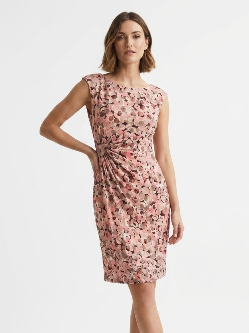 Dressbarn, Coral Floral Midi Sheath Dress with Side Gather - 8 / M